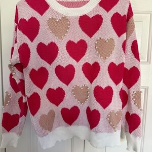 Pearl Red and Pink Heart Patterned Sweater - Pink, Tan, Red